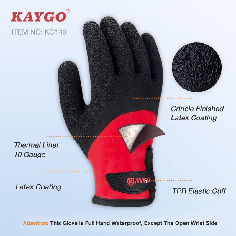 KAYGO Winter Waterproof Thermal Work Gloves for Men and Women, Full Hand Latex Coated, Acrylic Insulated Liner for Freezer Cold Weather, Fine Crinkle Grip,KG140W,Red, L - Image 2